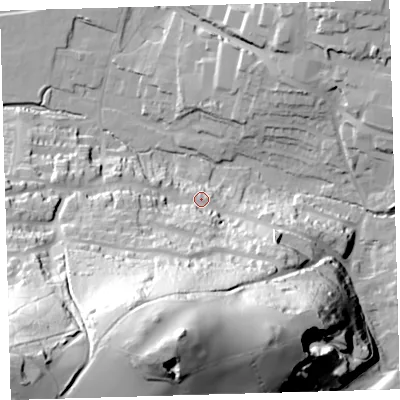 Shaded relief map of the ground around PL71TA, computed from Environment Agency LiDAR. The ground here sits at about 15 m above sea level and falls 98 m across the surrounding 800 m. Surface water reaching this point runs off ground lying to the south, 15.2 m higher.