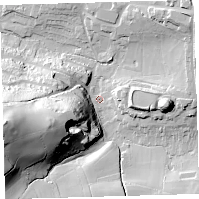 Shaded relief map of the ground around PL71TE, computed from Environment Agency LiDAR. The ground here sits at about 14 m above sea level and falls 90 m across the surrounding 800 m. Surface water reaching this point runs off ground lying to the west-south-west, 83.0 m higher.