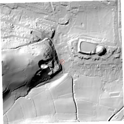Shaded relief map of the ground around PL71TH, computed from Environment Agency LiDAR. The ground here sits at about 15 m above sea level and falls 90 m across the surrounding 800 m. Surface water reaching this point runs off ground lying to the west, 79.4 m higher.