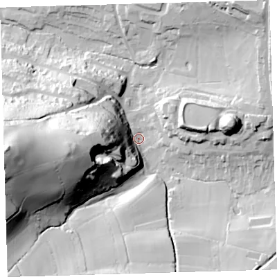 Shaded relief map of the ground around PL71TQ, computed from Environment Agency LiDAR. The ground here sits at about 15 m above sea level and falls 90 m across the surrounding 800 m. Surface water reaching this point runs off ground lying to the west, 81.7 m higher.