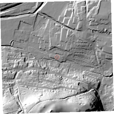 Shaded relief map of the ground around PL71WR, computed from Environment Agency LiDAR. The ground here sits at about 9 m above sea level and falls 92 m across the surrounding 800 m. Surface water reaching this point runs off ground lying to the south, 90.2 m higher.