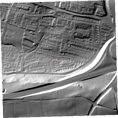 Shaded relief map of the ground around PL71XH, computed from Environment Agency LiDAR. The ground here sits at about 58 m above sea level and falls 69 m across the surrounding 800 m. Surface water reaching this point runs off ground lying to the north-north-east, 47.1 m higher.