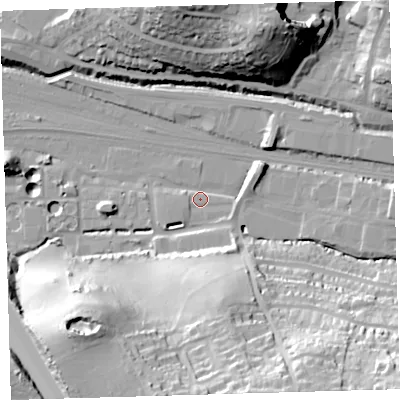 Shaded relief map of the ground around PL71YB, computed from Environment Agency LiDAR. The ground here sits at about 4 m above sea level and falls 43 m across the surrounding 800 m. Surface water reaching this point runs off ground lying to the south-south-east, 39.4 m higher.