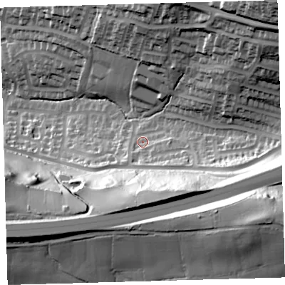 Shaded relief map of the ground around PL71YN, computed from Environment Agency LiDAR. The ground here sits at about 54 m above sea level and falls 71 m across the surrounding 800 m. Surface water reaching this point runs off ground lying to the south-east, 40.4 m higher.