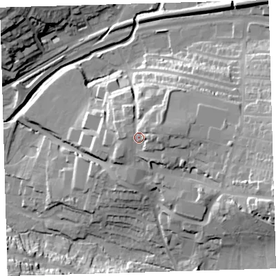 Shaded relief map of the ground around PL72AU, computed from Environment Agency LiDAR. The ground here sits at about 26 m above sea level and falls 38 m across the surrounding 800 m. Surface water reaching this point runs off ground lying to the east-north-east, 5.1 m higher.