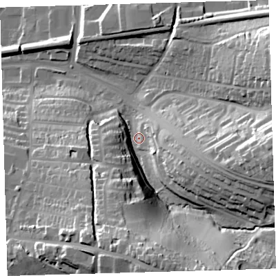 Shaded relief map of the ground around PL72AX, computed from Environment Agency LiDAR. The ground here sits at about 19 m above sea level and falls 48 m across the surrounding 800 m. Surface water reaching this point runs off ground lying to the south-south-east, 39.5 m higher.