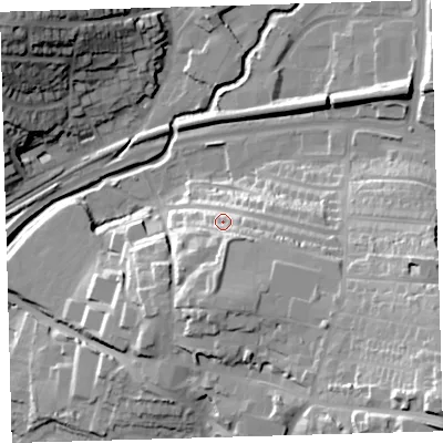 Shaded relief map of the ground around PL72BX, computed from Environment Agency LiDAR. The ground here sits at about 22 m above sea level and falls 43 m across the surrounding 800 m. Surface water reaching this point runs off ground lying to the south, 13.0 m higher.