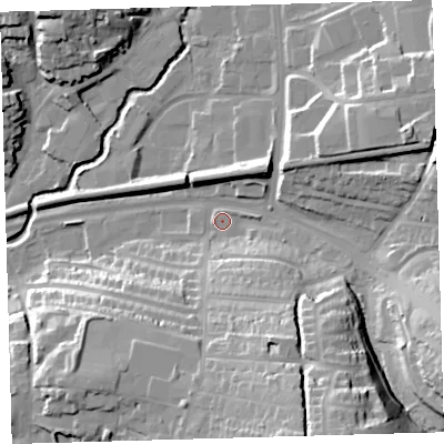 Shaded relief map of the ground around PL72DE, computed from Environment Agency LiDAR. The ground here sits at about 13 m above sea level and falls 37 m across the surrounding 800 m. Surface water reaching this point runs off ground lying to the south-south-east, 20.2 m higher.