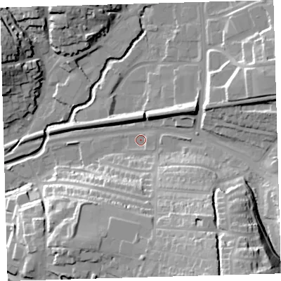 Shaded relief map of the ground around PL72DR, computed from Environment Agency LiDAR. The ground here sits at about 11 m above sea level and falls 37 m across the surrounding 800 m. Surface water reaching this point runs off ground lying to the south-east, 32.0 m higher.