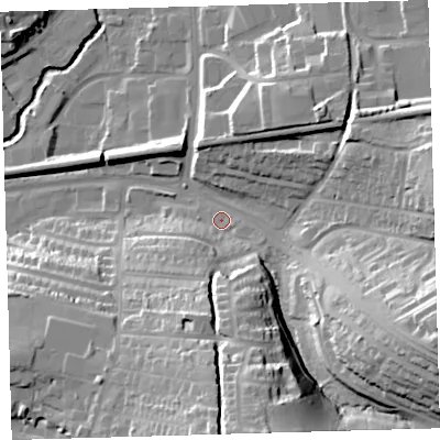 Shaded relief map of the ground around PL72FP, computed from Environment Agency LiDAR. The ground here sits at about 15 m above sea level and falls 38 m across the surrounding 800 m. Surface water reaching this point runs off ground lying to the south-south-east, 30.8 m higher.