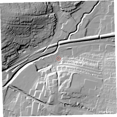 Shaded relief map of the ground around PL72FY, computed from Environment Agency LiDAR. The ground here sits at about 8 m above sea level and falls 37 m across the surrounding 800 m. Surface water reaching this point runs off ground lying to the south-east, 27.1 m higher.