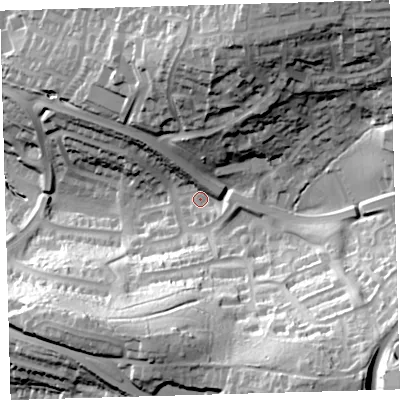 Shaded relief map of the ground around PL72XF, computed from Environment Agency LiDAR. The ground here sits at about 60 m above sea level and falls 68 m across the surrounding 800 m. Surface water reaching this point runs off ground lying to the south-east, 45.1 m higher.