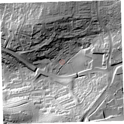 Shaded relief map of the ground around PL72XX, computed from Environment Agency LiDAR. The ground here sits at about 69 m above sea level and falls 58 m across the surrounding 800 m. Surface water reaching this point runs off ground lying to the north-east, 41.9 m higher.