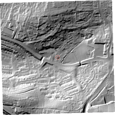Shaded relief map of the ground around PL72XY, computed from Environment Agency LiDAR. The ground here sits at about 66 m above sea level and falls 62 m across the surrounding 800 m. Surface water reaching this point runs off ground lying to the south-east, 47.1 m higher.