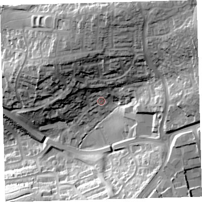 Shaded relief map of the ground around PL72YT, computed from Environment Agency LiDAR. The ground here sits at about 78 m above sea level and falls 58 m across the surrounding 800 m. Surface water reaching this point runs off ground lying to the north-north-east, 33.7 m higher.
