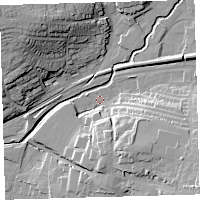 Shaded relief map of the ground around PL72ZW, computed from Environment Agency LiDAR. The ground here sits at about 8 m above sea level and falls 38 m across the surrounding 800 m. Surface water reaching this point runs off ground lying to the east-south-east, 26.7 m higher.
