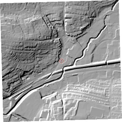 Shaded relief map of the ground around PL74AD, computed from Environment Agency LiDAR. The ground here sits at about 9 m above sea level and falls 38 m across the surrounding 800 m. Surface water reaching this point runs off ground lying to the west-north-west, 35.0 m higher.