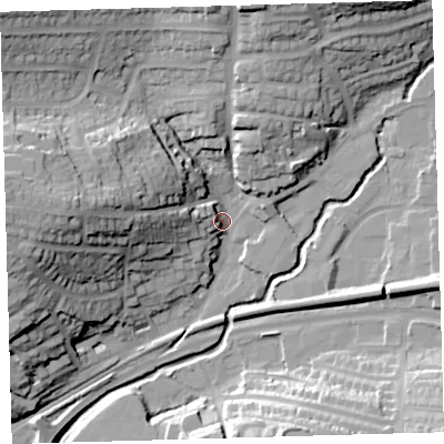 Shaded relief map of the ground around PL74AG, computed from Environment Agency LiDAR. The ground here sits at about 11 m above sea level and falls 36 m across the surrounding 800 m. Surface water reaching this point runs off ground lying to the west, 32.4 m higher.