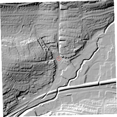 Shaded relief map of the ground around PL74AL, computed from Environment Agency LiDAR. The ground here sits at about 10 m above sea level and falls 42 m across the surrounding 800 m. Surface water reaching this point runs off ground lying to the north-west, 38.0 m higher.