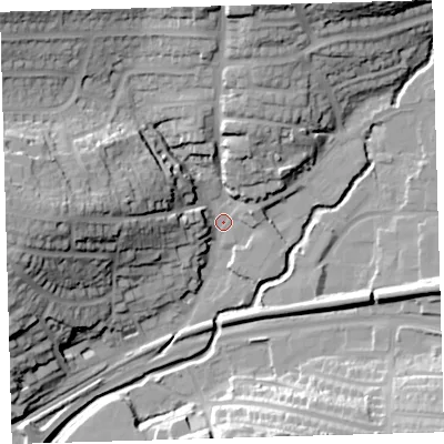 Shaded relief map of the ground around PL74AN, computed from Environment Agency LiDAR. The ground here sits at about 10 m above sea level and falls 36 m across the surrounding 800 m. Surface water reaching this point runs off ground lying to the west, 31.6 m higher.