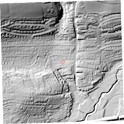 Shaded relief map of the ground around PL74DT, computed from Environment Agency LiDAR. The ground here sits at about 20 m above sea level and falls 81 m across the surrounding 800 m. Surface water reaching this point runs off ground lying to the north-north-east, 8.4 m higher.