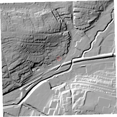 Shaded relief map of the ground around PL74EA, computed from Environment Agency LiDAR. The ground here sits at about 9 m above sea level and falls 39 m across the surrounding 800 m. Surface water reaching this point runs off ground lying to the west-north-west, 35.9 m higher.