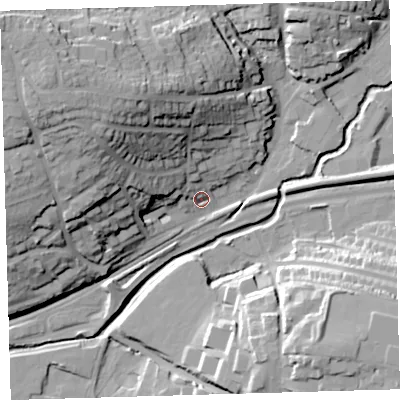Shaded relief map of the ground around PL74EB, computed from Environment Agency LiDAR. The ground here sits at about 10 m above sea level and falls 39 m across the surrounding 800 m. Surface water reaching this point runs off ground lying to the north-west, 35.9 m higher.