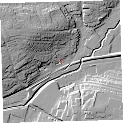 Shaded relief map of the ground around PL74ED, computed from Environment Agency LiDAR. The ground here sits at about 9 m above sea level and falls 39 m across the surrounding 800 m. Surface water reaching this point runs off ground lying to the north-west, 35.9 m higher.