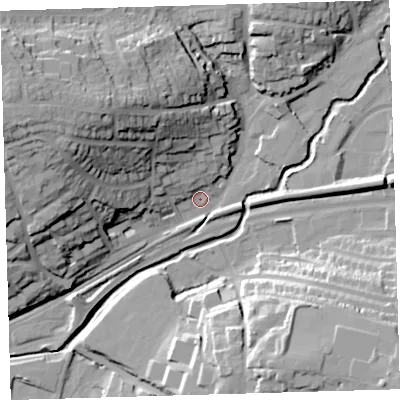 Shaded relief map of the ground around PL74EE, computed from Environment Agency LiDAR. The ground here sits at about 9 m above sea level and falls 39 m across the surrounding 800 m. Surface water reaching this point runs off ground lying to the west-north-west, 35.9 m higher.