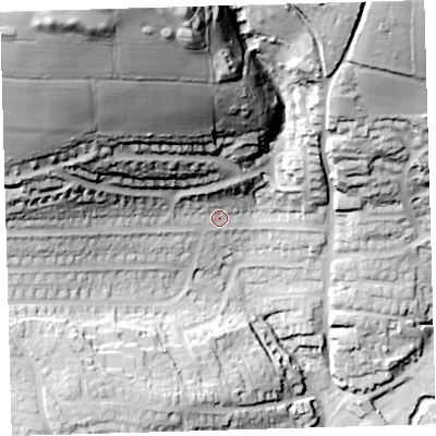 Shaded relief map of the ground around PL74HZ, computed from Environment Agency LiDAR. The ground here sits at about 28 m above sea level and falls 101 m across the surrounding 800 m. Surface water reaching this point runs off ground lying to the north-north-west, 80.5 m higher.