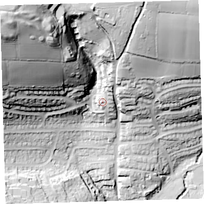 Shaded relief map of the ground around PL74JG, computed from Environment Agency LiDAR. The ground here sits at about 40 m above sea level and falls 104 m across the surrounding 800 m. Surface water reaching this point runs off ground lying to the north-east, 5.0 m higher.