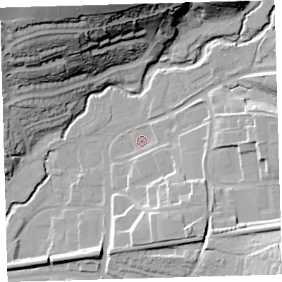 Shaded relief map of the ground around PL74JN, computed from Environment Agency LiDAR. The ground here sits at about 14 m above sea level and falls 54 m across the surrounding 800 m. Surface water reaching this point runs off ground lying to the south-east, 12.2 m higher.