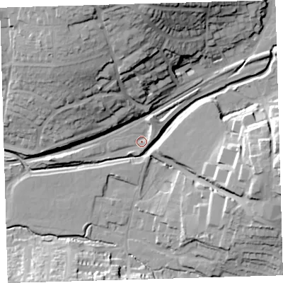 Shaded relief map of the ground around PL74JR, computed from Environment Agency LiDAR. The ground here sits at about 8 m above sea level and falls 36 m across the surrounding 800 m. Surface water reaching this point runs off ground lying to the north-north-east, 6.6 m higher.