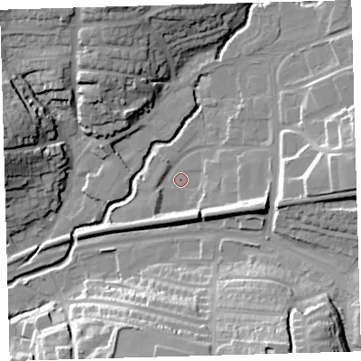 Shaded relief map of the ground around PL74JW, computed from Environment Agency LiDAR. The ground here sits at about 10 m above sea level and falls 26 m across the surrounding 800 m. Surface water reaching this point runs off ground lying to the east-south-east, 10.2 m higher.