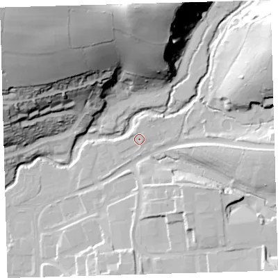 Shaded relief map of the ground around PL74LU, computed from Environment Agency LiDAR. The ground here sits at about 17 m above sea level and falls 76 m across the surrounding 800 m. Surface water reaching this point runs off ground lying to the east-north-east, 2.4 m higher.