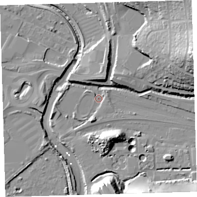 Shaded relief map of the ground around PL74NW, computed from Environment Agency LiDAR. The ground here sits at about 2 m above sea level and falls 34 m across the surrounding 800 m. Surface water reaching this point runs off ground lying to the south-south-west, 5.2 m higher.