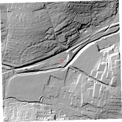 Shaded relief map of the ground around PL74PE, computed from Environment Agency LiDAR. The ground here sits at about 8 m above sea level and falls 36 m across the surrounding 800 m. Surface water reaching this point runs off ground lying to the north-east, 6.8 m higher.