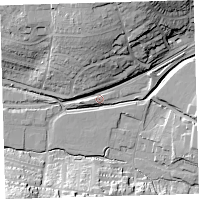 Shaded relief map of the ground around PL74QJ, computed from Environment Agency LiDAR. The ground here sits at about 8 m above sea level and falls 37 m across the surrounding 800 m. Surface water reaching this point runs off ground lying to the north, 31.3 m higher.