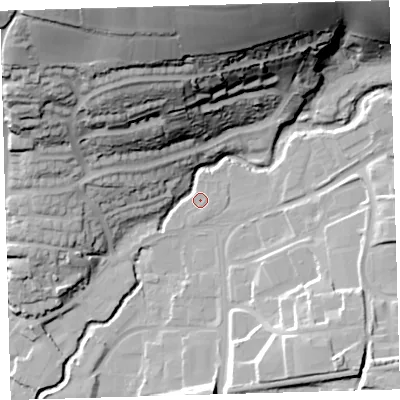 Shaded relief map of the ground around PL74QL, computed from Environment Agency LiDAR. The ground here sits at about 13 m above sea level and falls 65 m across the surrounding 800 m. Surface water reaching this point runs off ground lying to the north-east, 1.5 m higher.