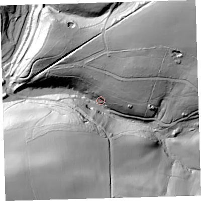 Shaded relief map of the ground around PL74SR, computed from Environment Agency LiDAR. The ground here sits at about 22 m above sea level and falls 72 m across the surrounding 800 m. Surface water reaching this point runs off ground lying to the north-east, 33.7 m higher.