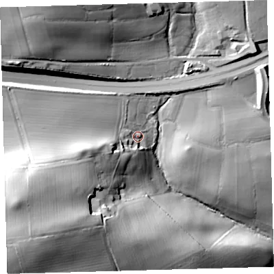 Shaded relief map of the ground around PL75AT, computed from Environment Agency LiDAR. The ground here sits at about 59 m above sea level and falls 40 m across the surrounding 800 m. Surface water reaching this point runs off ground lying to the west-south-west, 14.2 m higher.