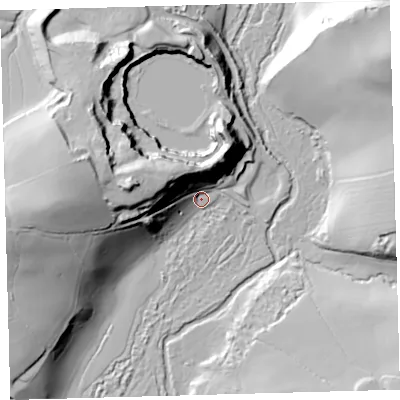 Shaded relief map of the ground around PL75BA, computed from Environment Agency LiDAR. The ground here sits at about 37 m above sea level and falls 53 m across the surrounding 800 m. Surface water reaching this point runs off ground lying to the west-north-west, 45.5 m higher.