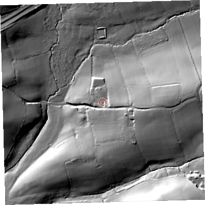 Shaded relief map of the ground around PL75BD, computed from Environment Agency LiDAR. The ground here sits at about 61 m above sea level and falls 38 m across the surrounding 800 m. Surface water reaching this point runs off ground lying to the east, 18.1 m higher.