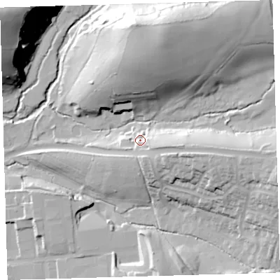 Shaded relief map of the ground around PL75BH, computed from Environment Agency LiDAR. The ground here sits at about 32 m above sea level and falls 59 m across the surrounding 800 m. Surface water reaching this point runs off ground lying to the east, 20.6 m higher.