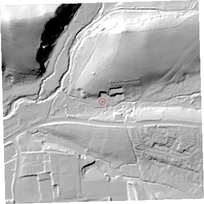 Shaded relief map of the ground around PL75BL, computed from Environment Agency LiDAR. The ground here sits at about 24 m above sea level and falls 64 m across the surrounding 800 m. Surface water reaching this point runs off ground lying to the north-east, 38.6 m higher.