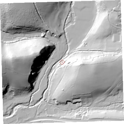 Shaded relief map of the ground around PL75BN, computed from Environment Agency LiDAR. The ground here sits at about 24 m above sea level and falls 64 m across the surrounding 800 m. Surface water reaching this point runs off ground lying to the west, 56.0 m higher.