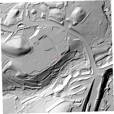 Shaded relief map of the ground around PL75BS, computed from Environment Agency LiDAR. The ground here sits at about 169 m above sea level and falls 80 m across the surrounding 800 m. Surface water reaching this point runs off ground lying to the west-north-west, 14.0 m higher.