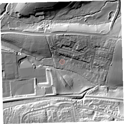 Shaded relief map of the ground around PL75DZ, computed from Environment Agency LiDAR. The ground here sits at about 26 m above sea level and falls 66 m across the surrounding 800 m. Surface water reaching this point runs off ground lying to the north-east, 22.0 m higher.