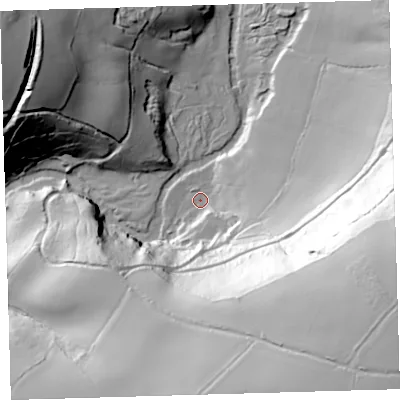 Shaded relief map of the ground around PL75ER, computed from Environment Agency LiDAR. The ground here sits at about 25 m above sea level and falls 96 m across the surrounding 800 m. Surface water reaching this point runs off ground lying to the east-south-east, 90.6 m higher.