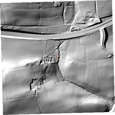 Shaded relief map of the ground around PL75FP, computed from Environment Agency LiDAR. The ground here sits at about 56 m above sea level and falls 41 m across the surrounding 800 m. Surface water reaching this point runs off ground lying to the west-south-west, 32.1 m higher.